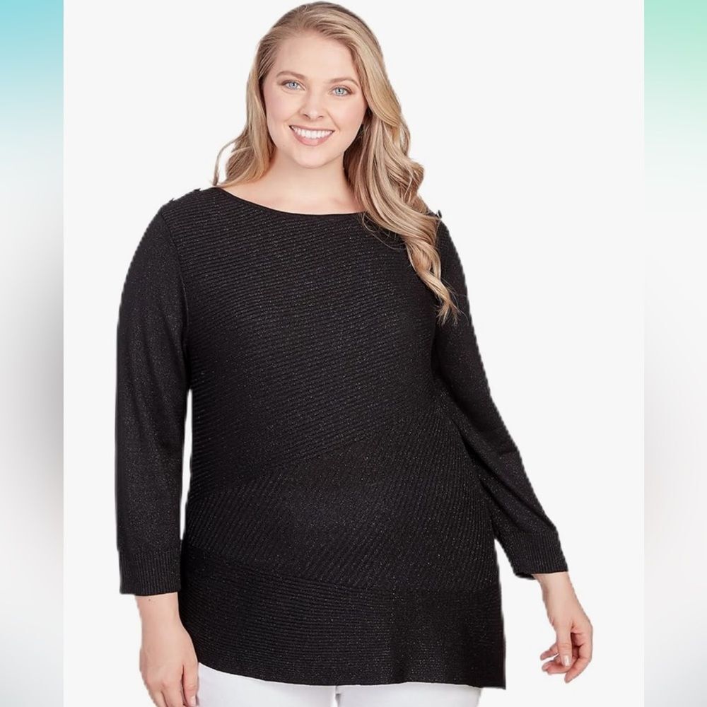 Ruby Rd. Plus Size 2X Black sparkle asymmetrical hemline Sweater 3/4 Sleeeve’s